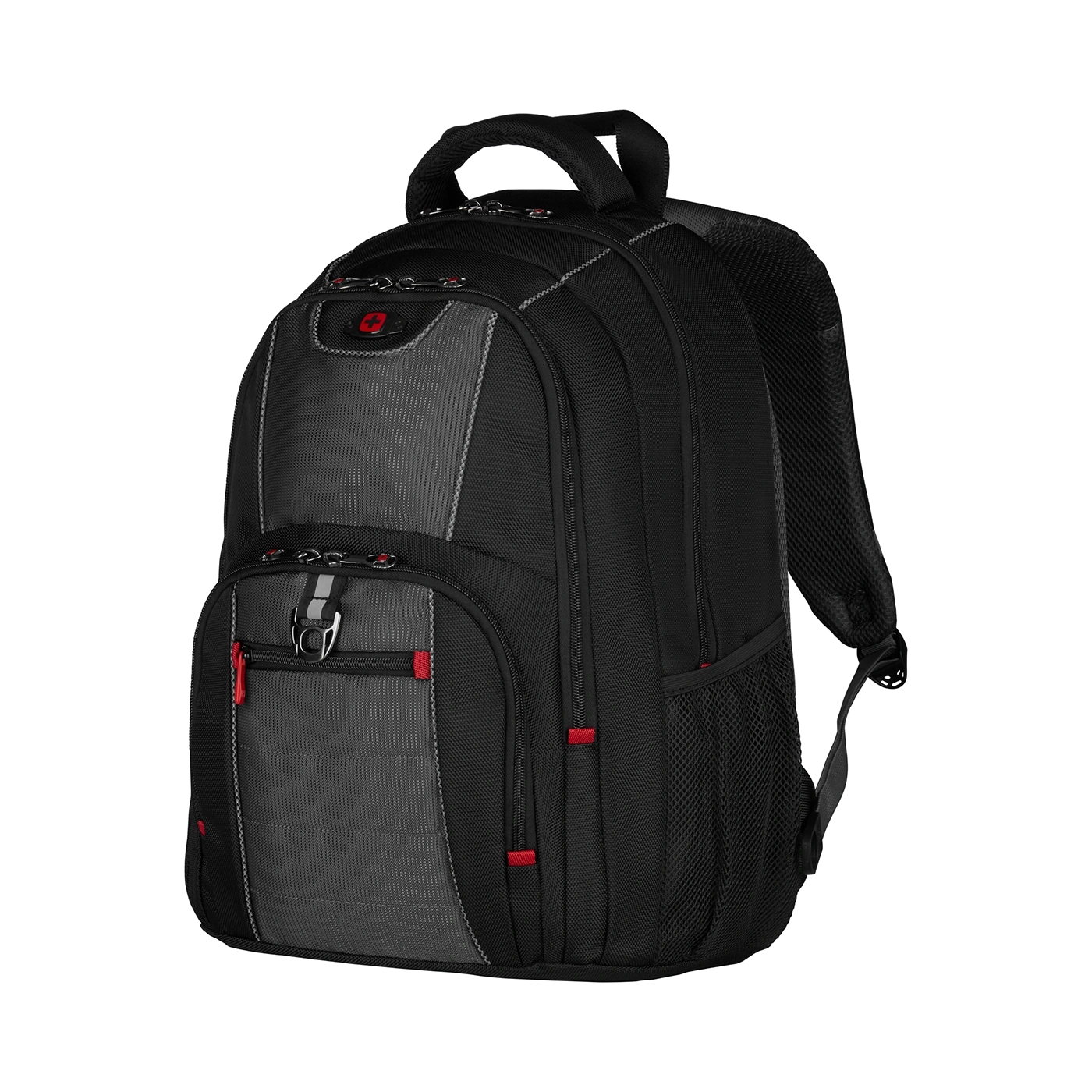 Black backpack with red accents and Swiss cross logo on a black background