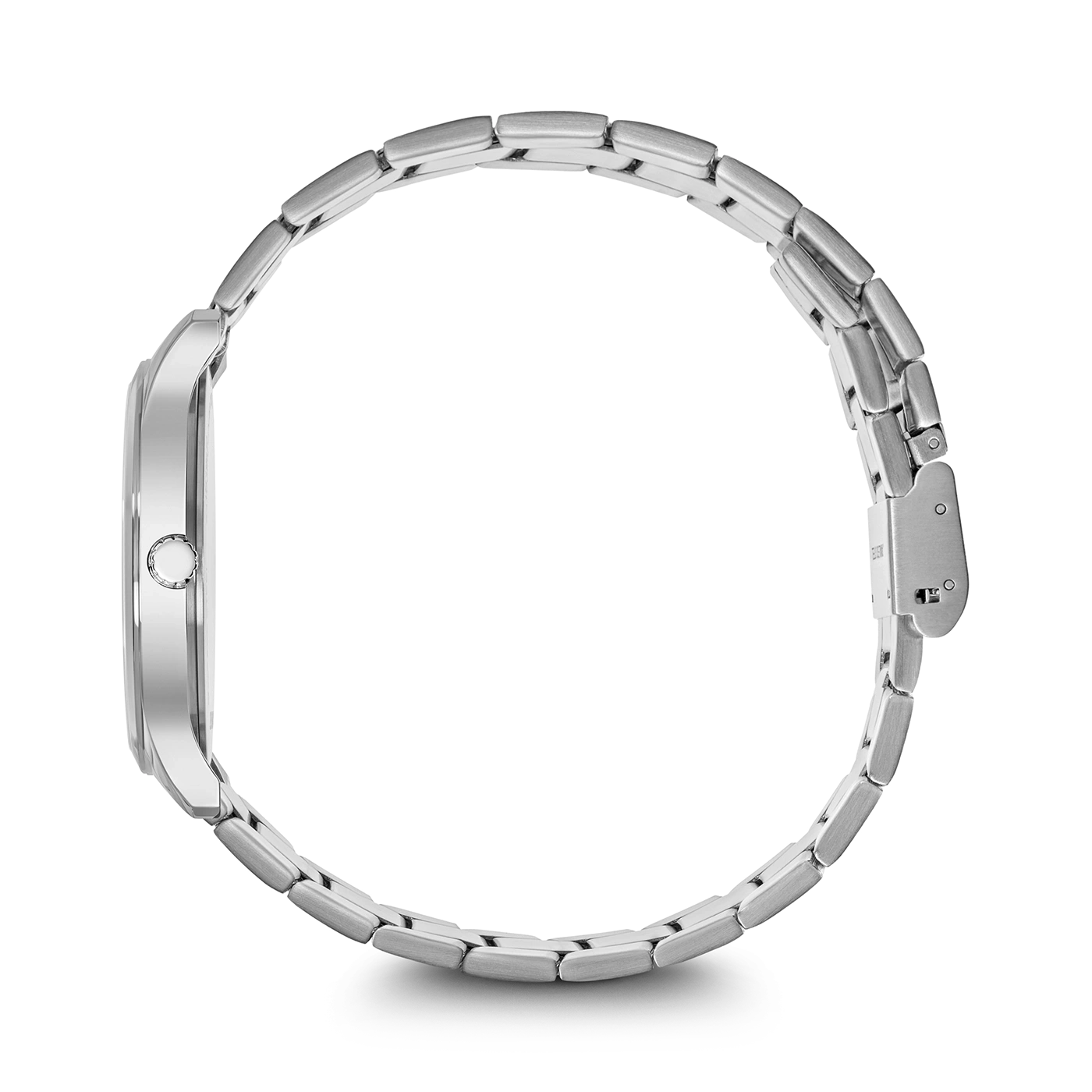 Silver watch with metal band, side view, black background, elegant design