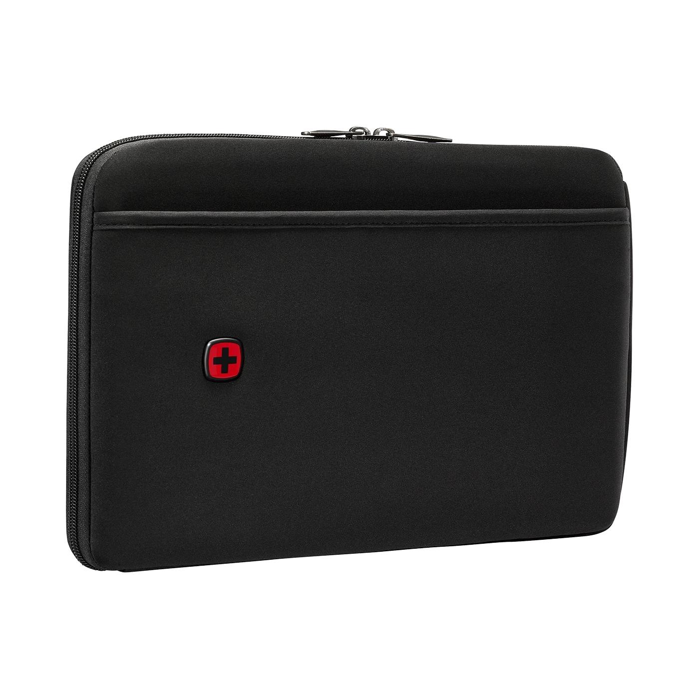 Schwarze Laptoptasche mit rotem Kreuzlogo und Reißverschluss, schlichtes Design.