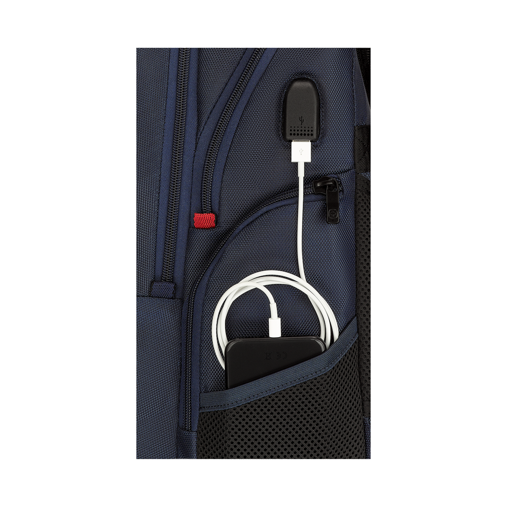 Blue backpack with USB port and smartphone in the pocket for charging