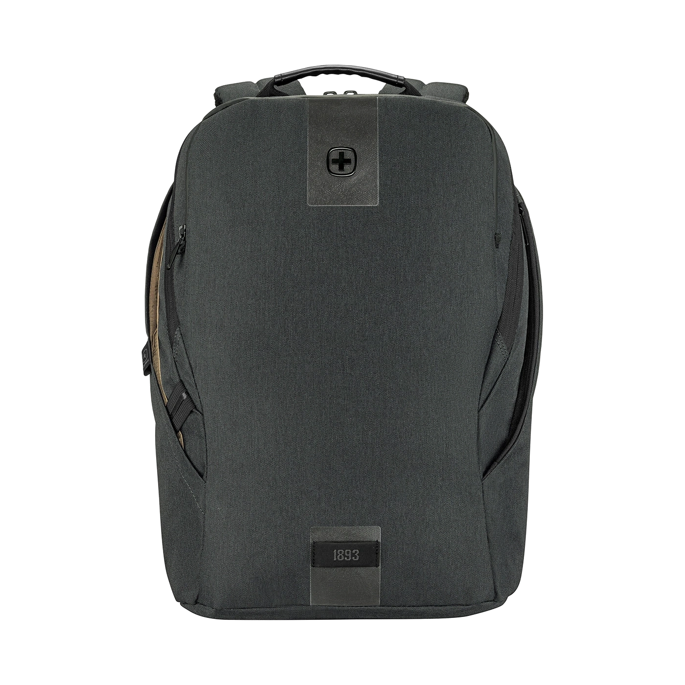 Dark gray backpack with logo and year. Luggage for travel and everyday use.