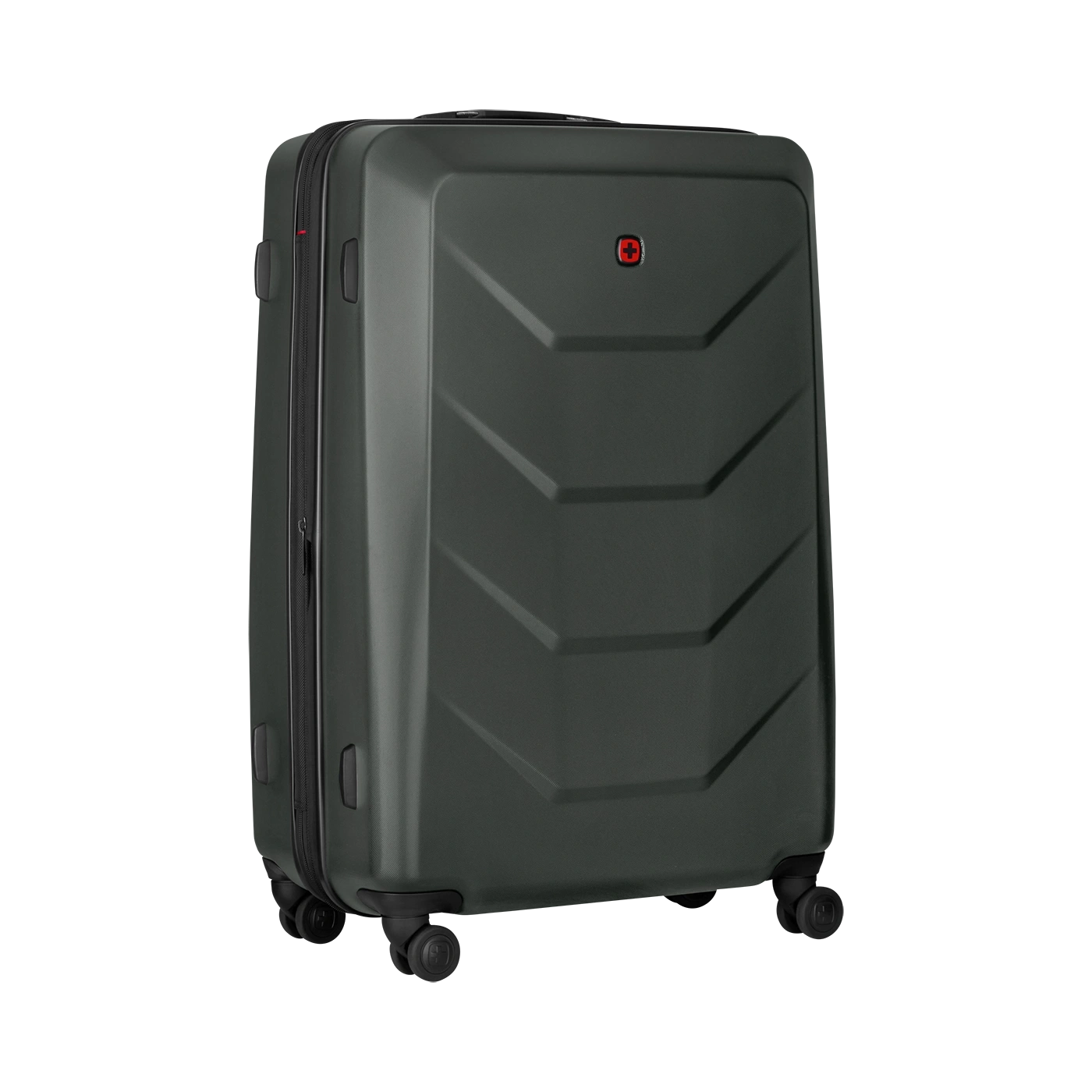 Dark green suitcase with red logo and black zipper, ready for travel.