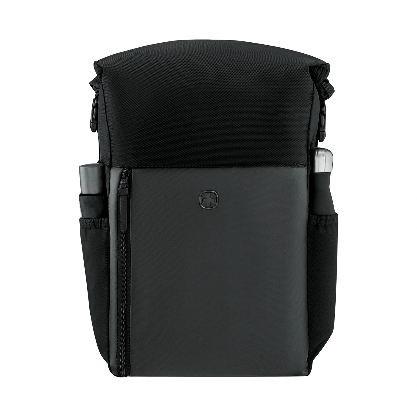 Black backpack with side pockets and zipper detail.