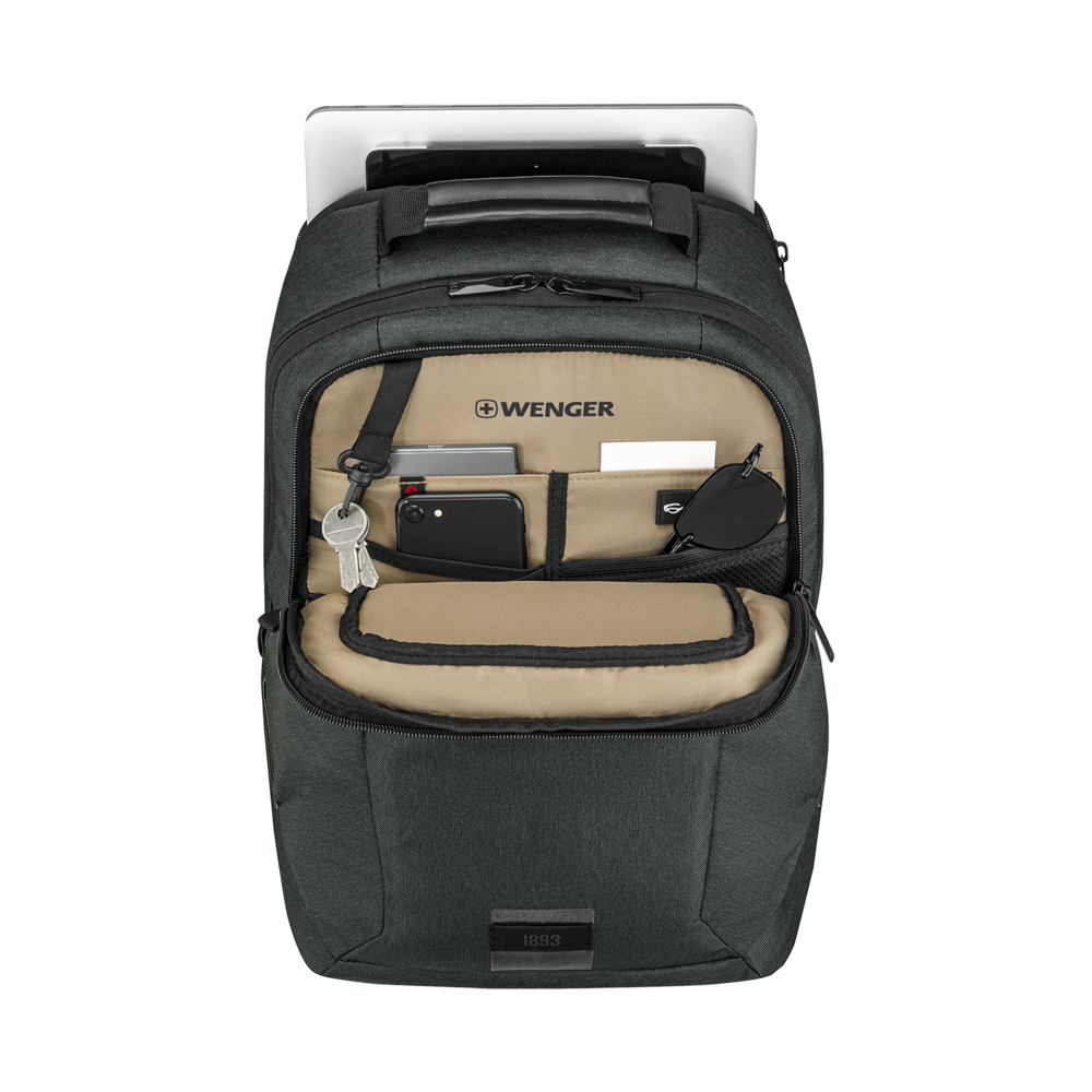 Black backpack with open compartment, tablet, and various accessories.