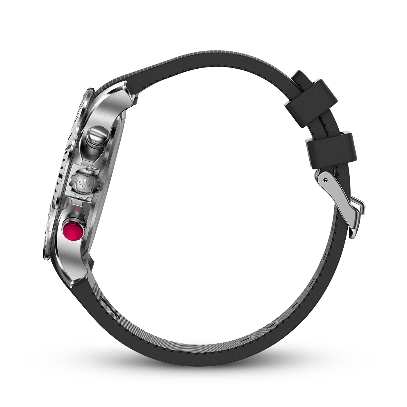 Watch with black strap, side view, silver case, red button, close-up detail