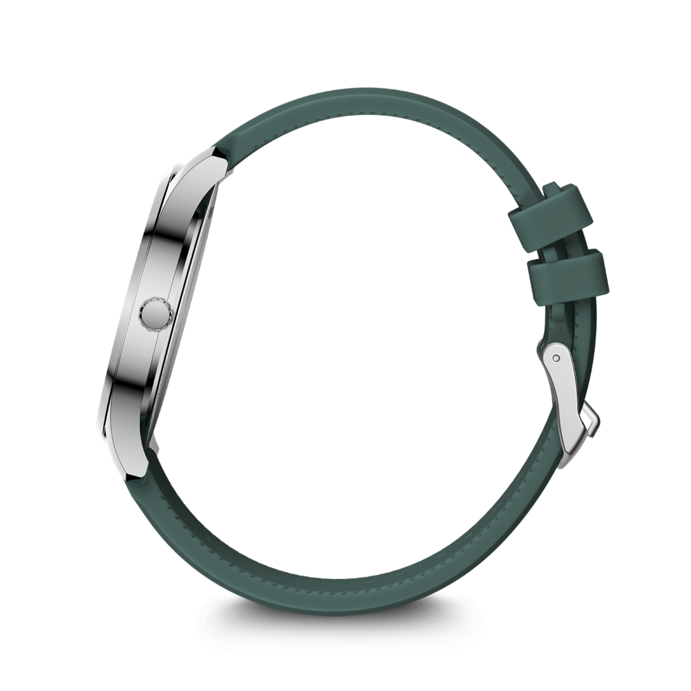 A silver watch with a green strap on a white background.