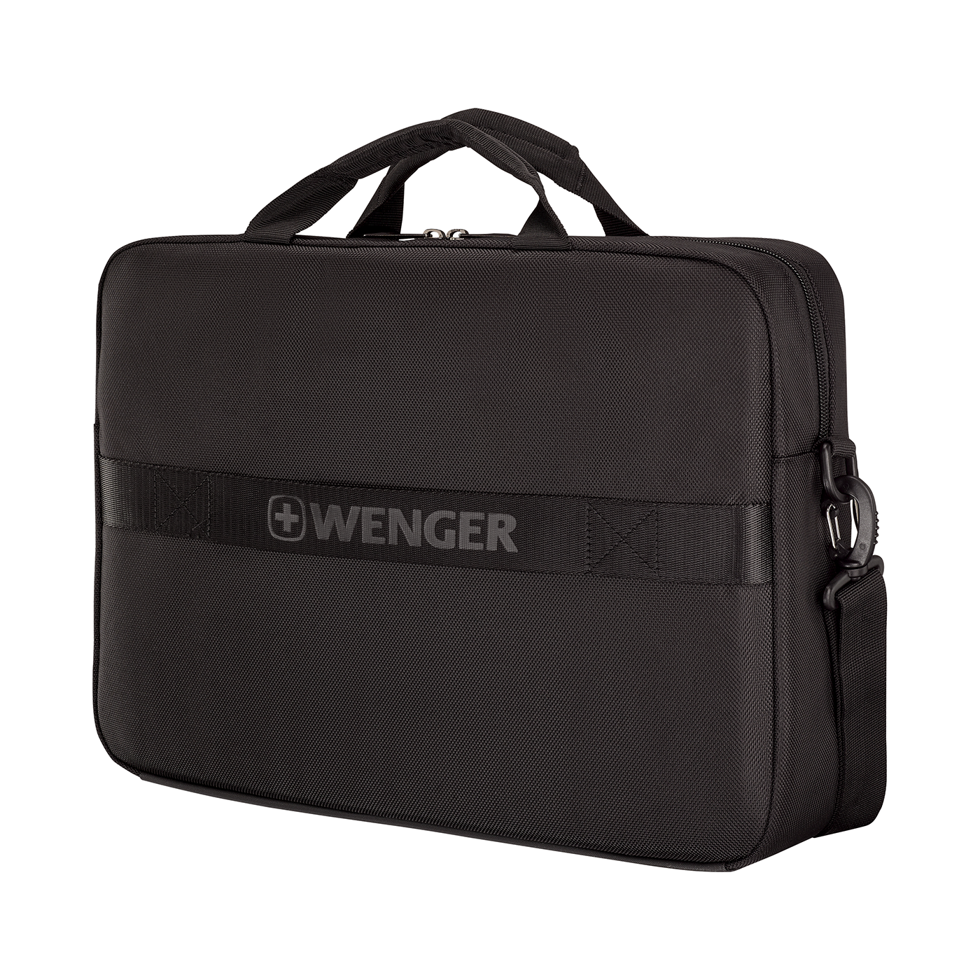 Black Wenger laptop bag with handle and shoulder strap, isolated