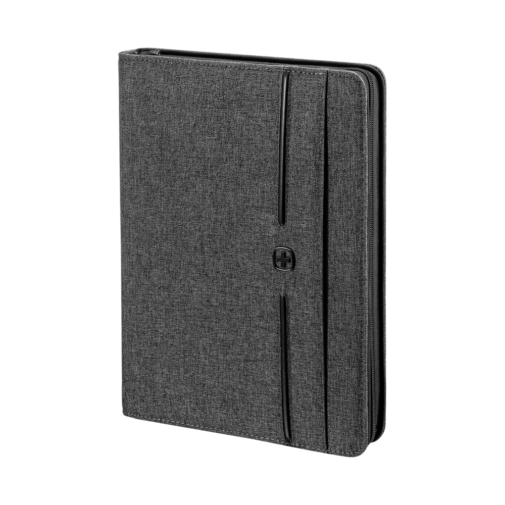 Gray fabric folder with zipper and logo, close-up shot, isolated on white