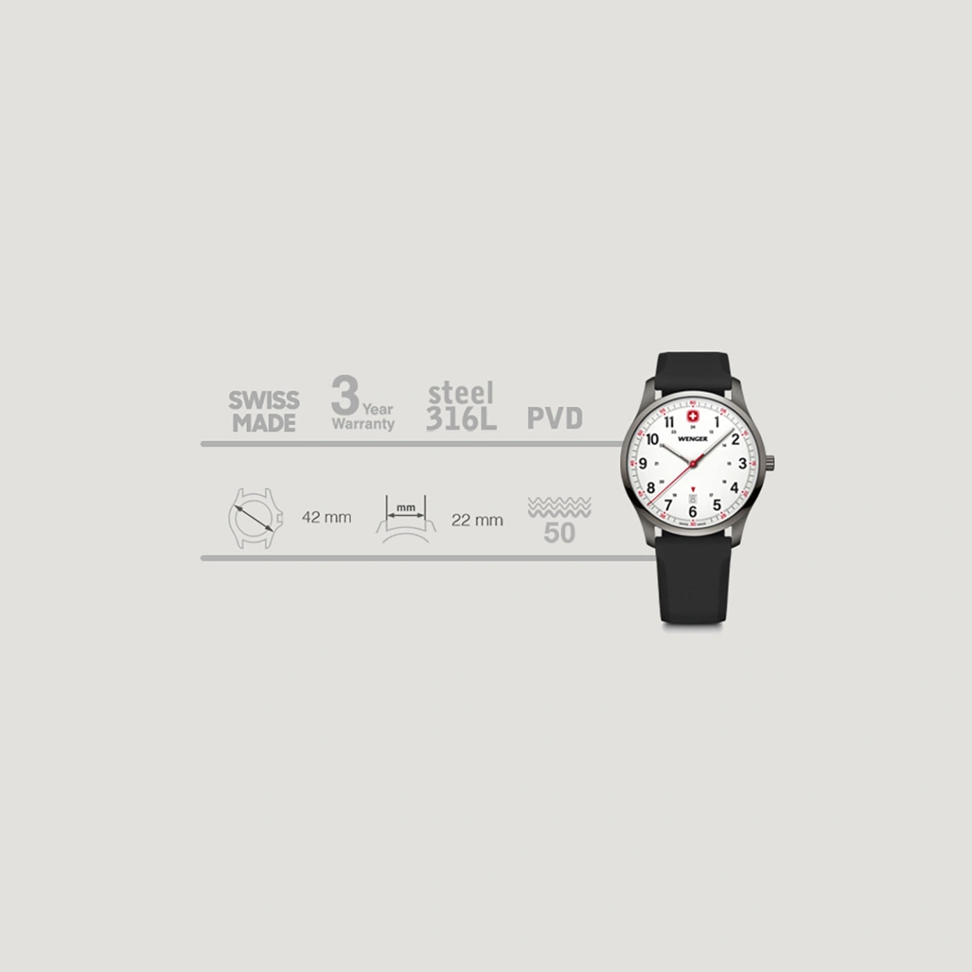 Swiss watch with black strap, 42mm diameter, steel case, PVD coating, Wenger brand, 3 year warranty.