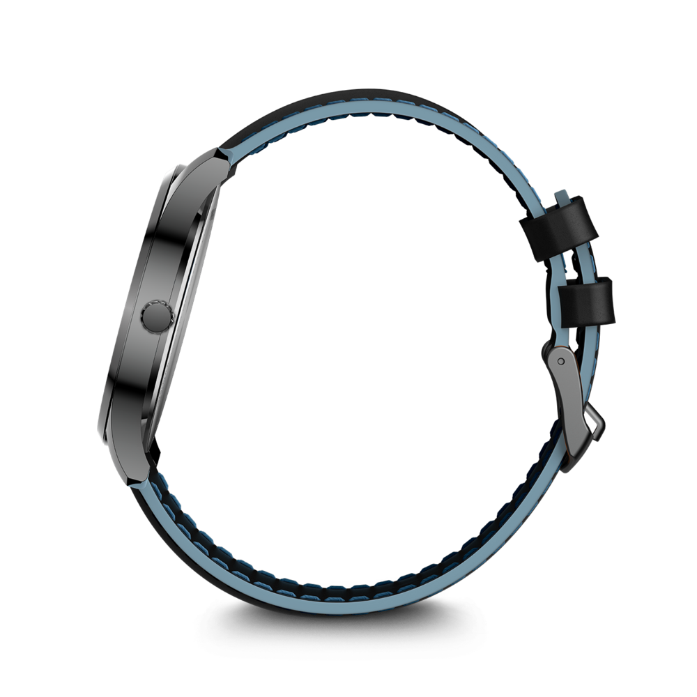 A stylish dark watch band with light blue accents.
