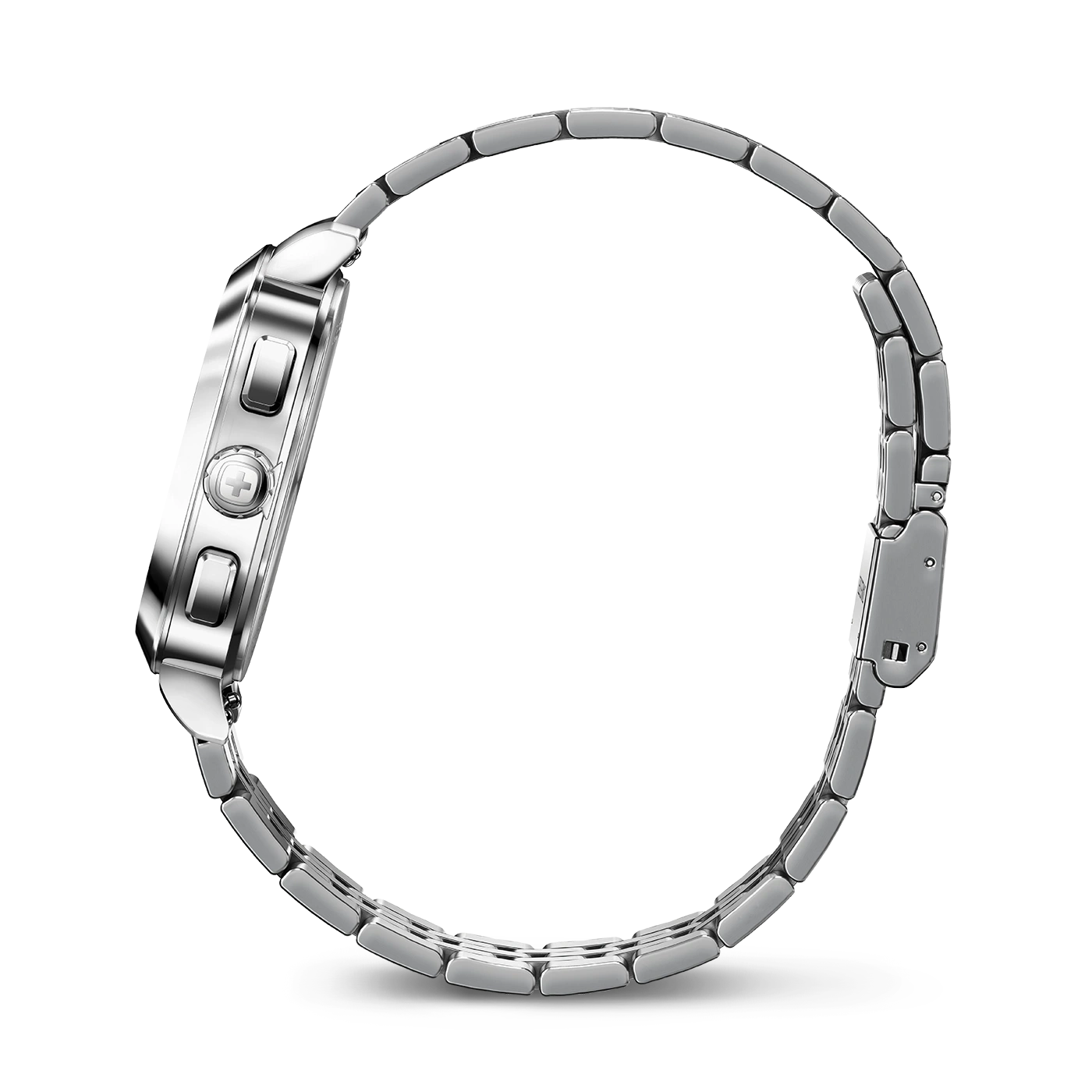 Silver watch with bracelet, side view, close-up, shiny, elegant, luxury accessory