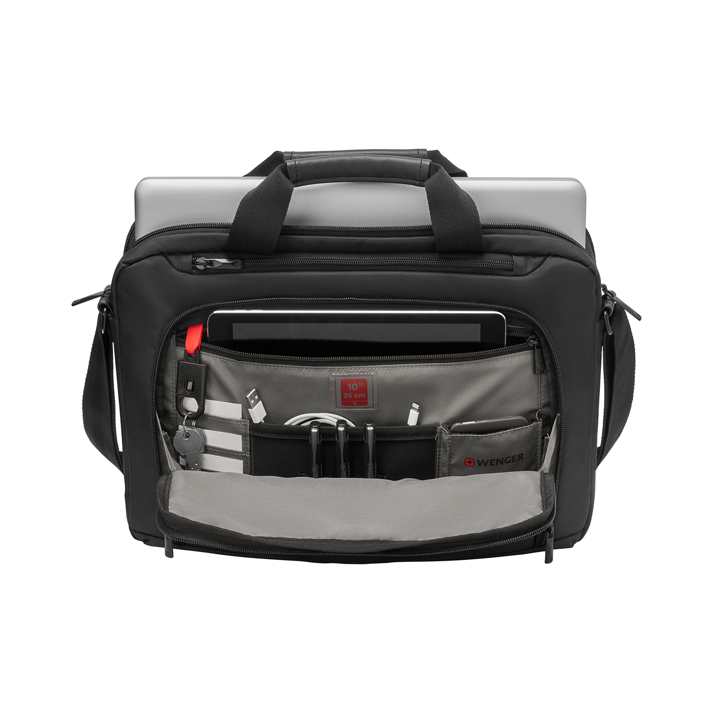 Black laptop bag with open compartment, tablet, cables and key ring, Wenger logo