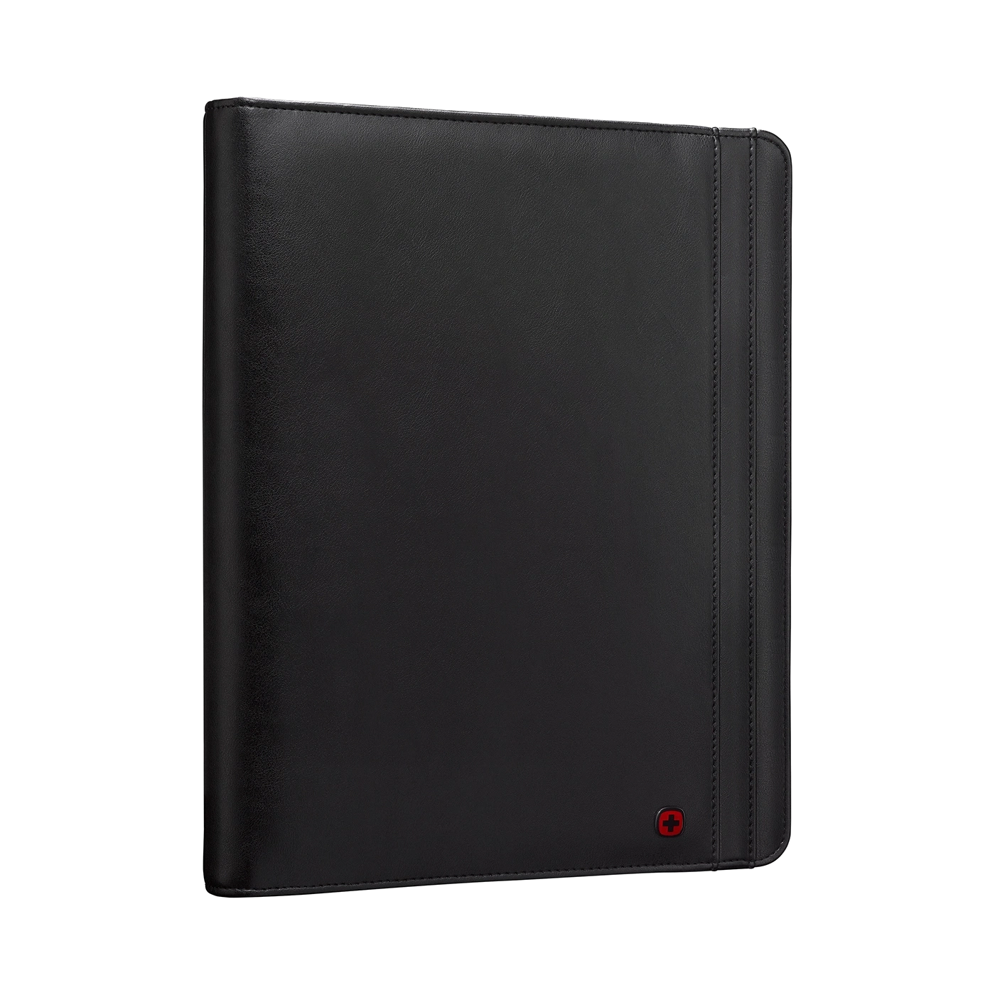 Black leather portfolio with red logo on black background. High quality.
