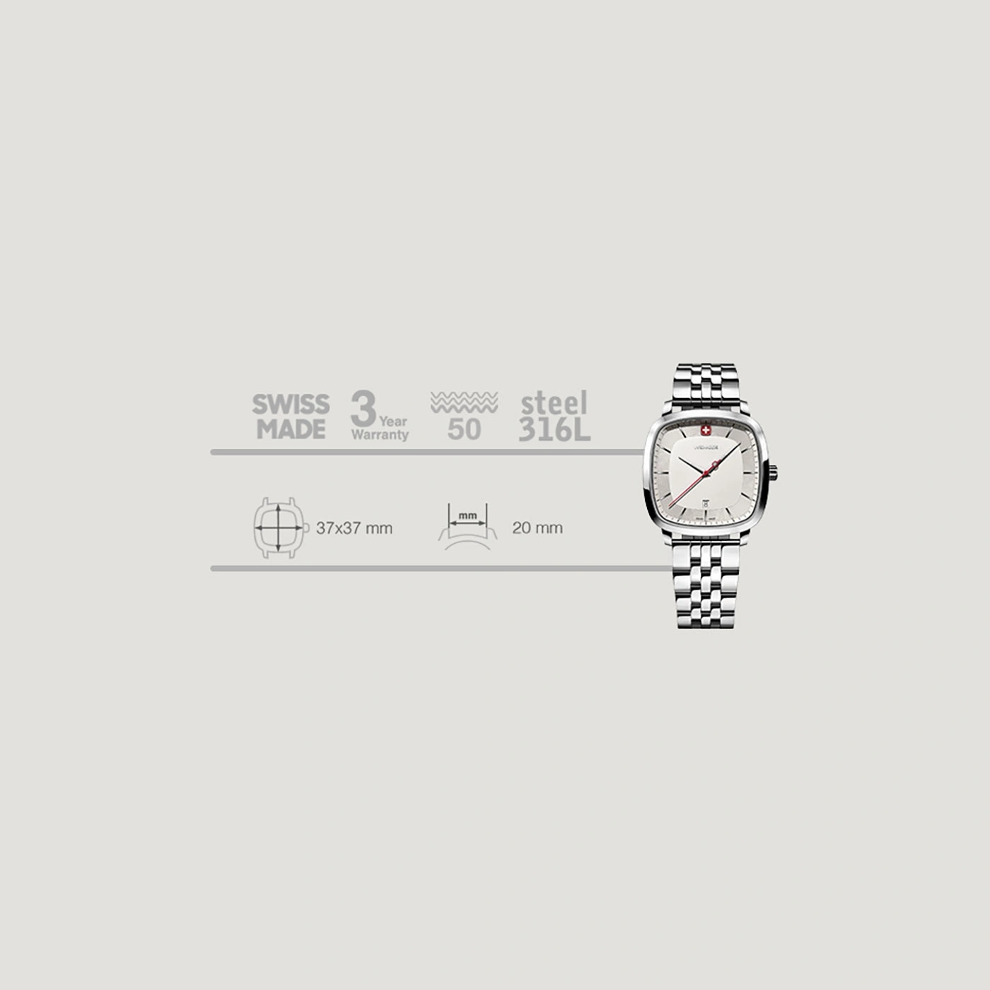 Swiss watch with steel bracelet, 3-year warranty, 37x37 mm case