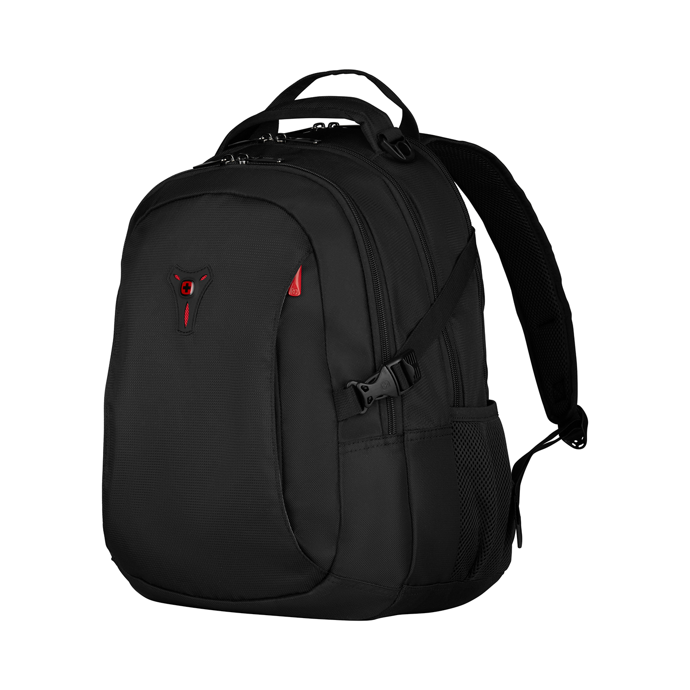 Black backpack with red logo and details, isolated on black background