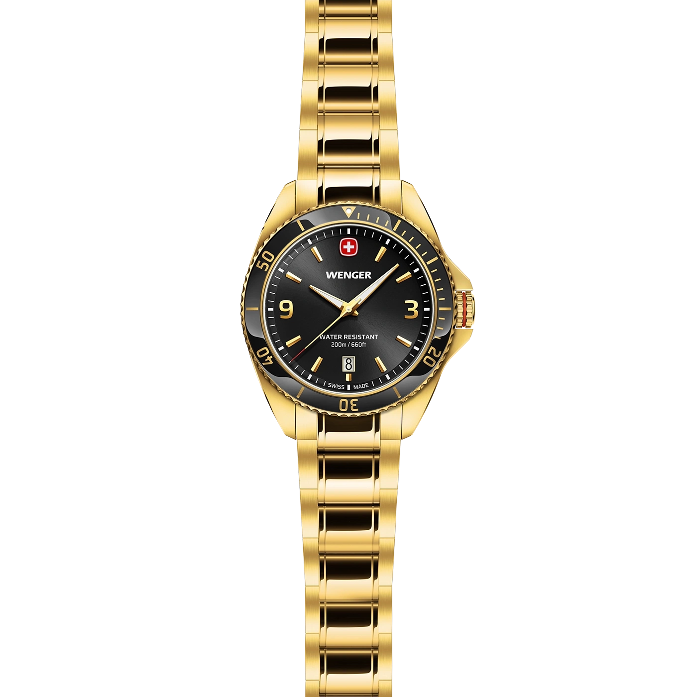 Goldene Wenger-Uhr mit schwarzem Zifferblatt und Datumsanzeige, Wasserdichtigkeit.