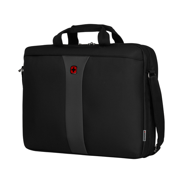 Black laptop bag with red logo and shoulder strap, Wenger brand