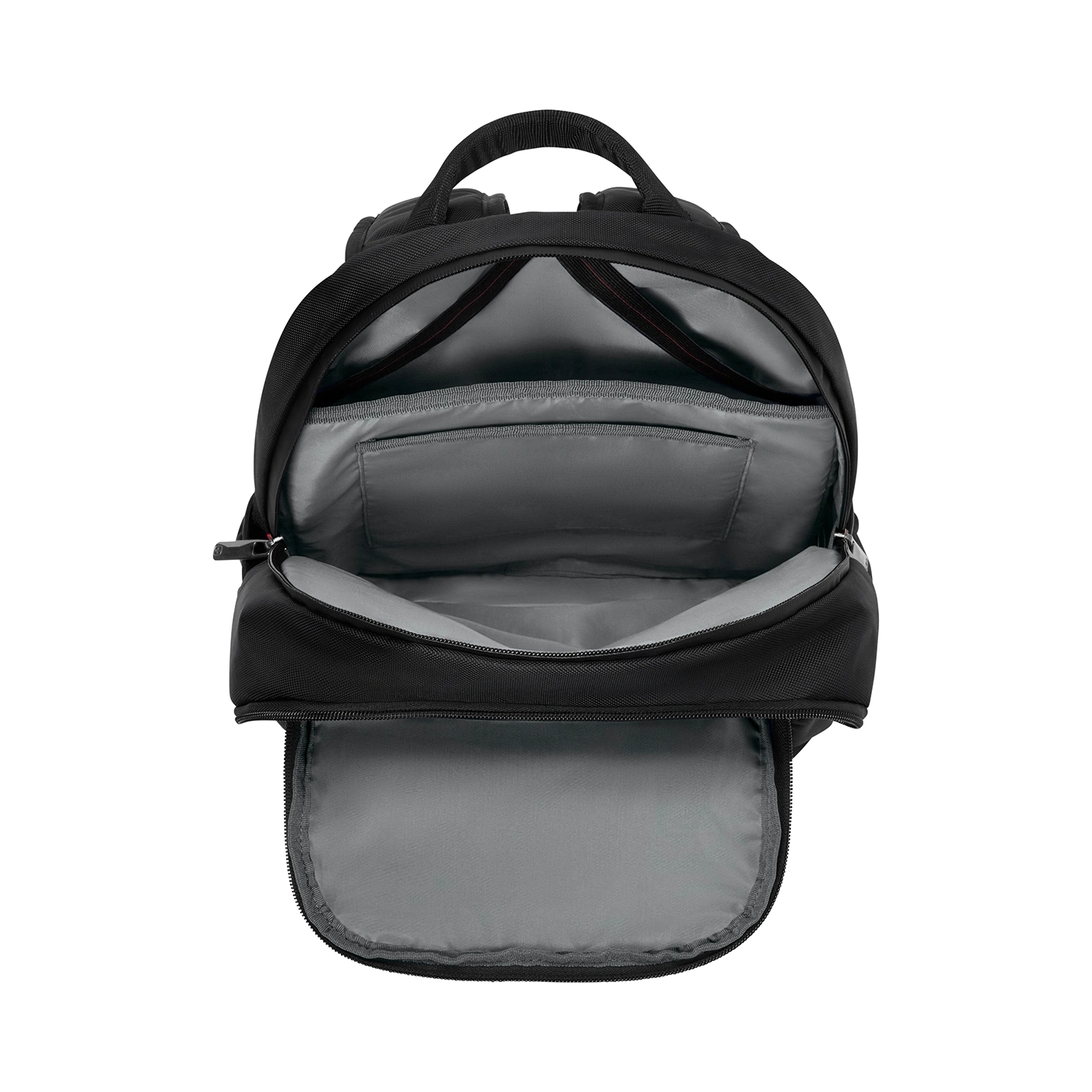 Black backpack, open, with multiple compartments and zippers, interior view