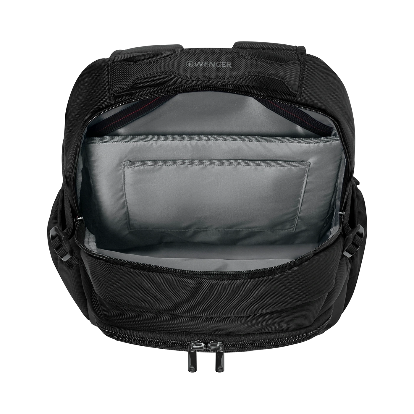 Black Wenger backpack, open, with gray lining, zippers, and a spacious interior.