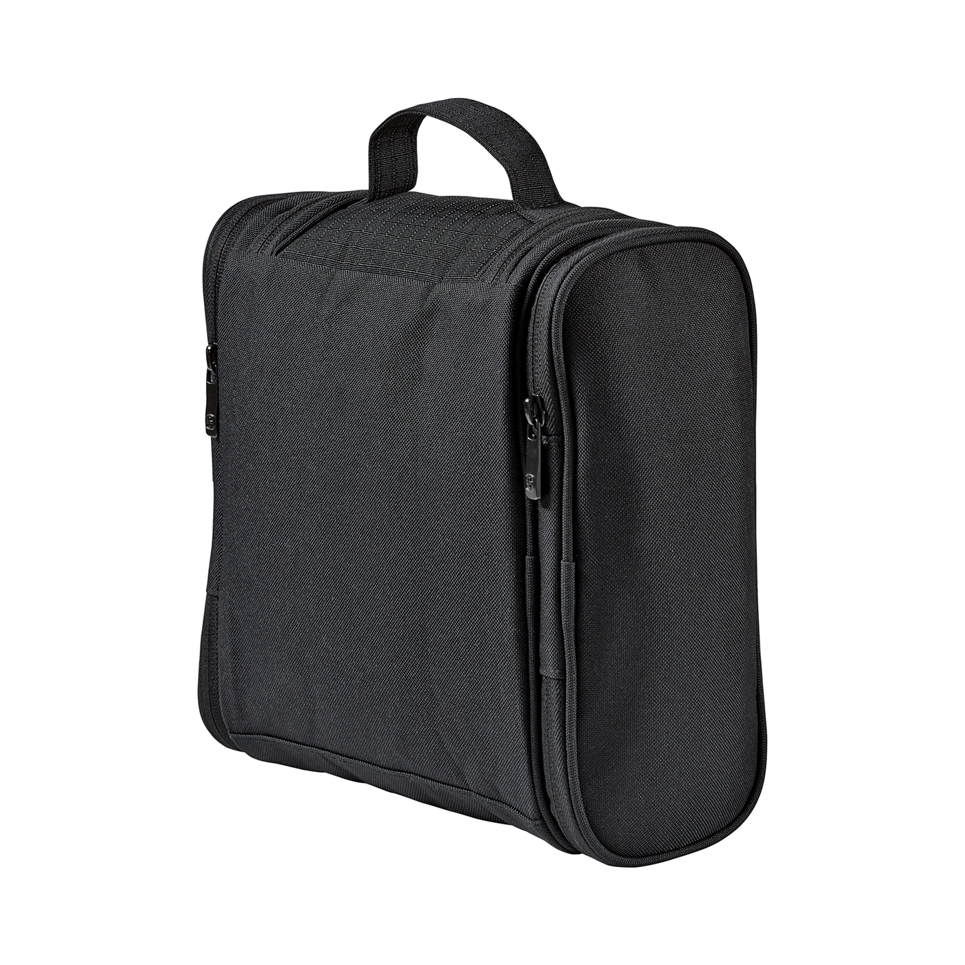 Black toiletry bag with zippers and handle, isolated on black background.