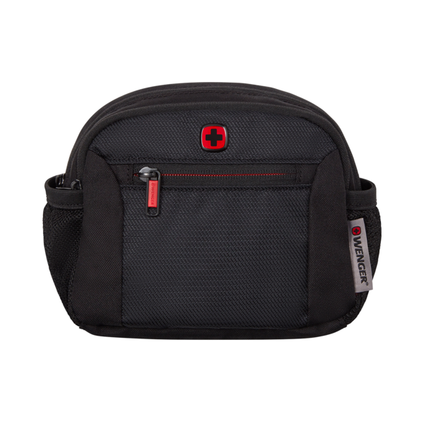 Black bag with red cross and zipper, Wenger logo. Travel accessory.