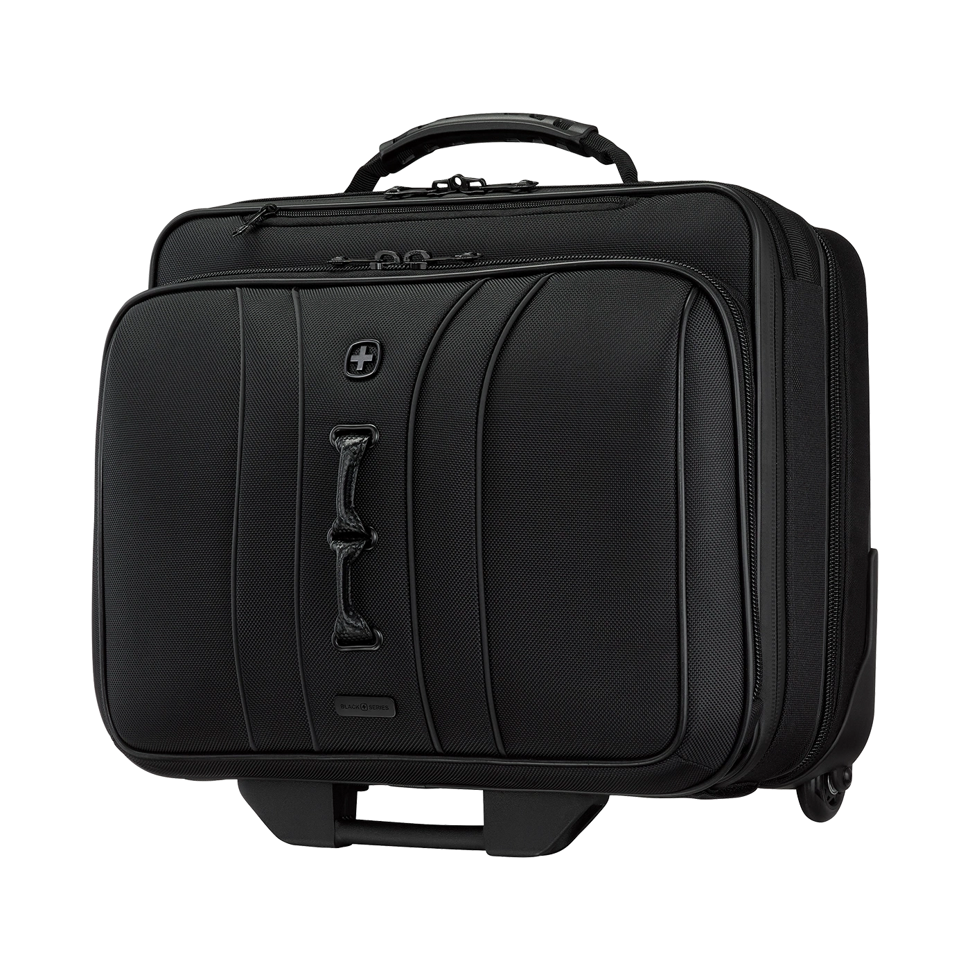 Black suitcase with handle, wheels, and zippers, for travel and transport of items.