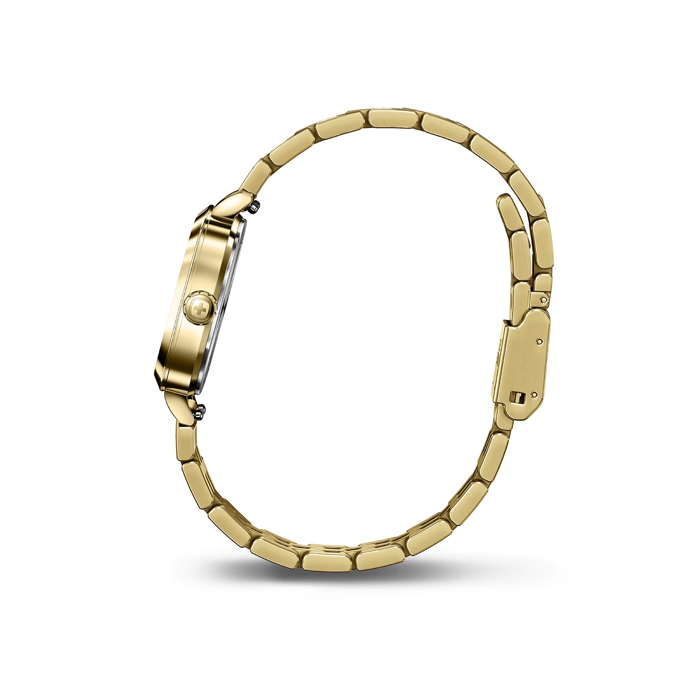 Goldene Uhr mit goldenem Armband, Seitenansicht, elegant und luxuriös