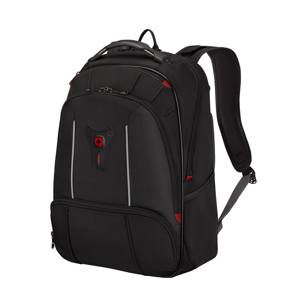 Black backpack with red accents and a Swiss cross logo on the front