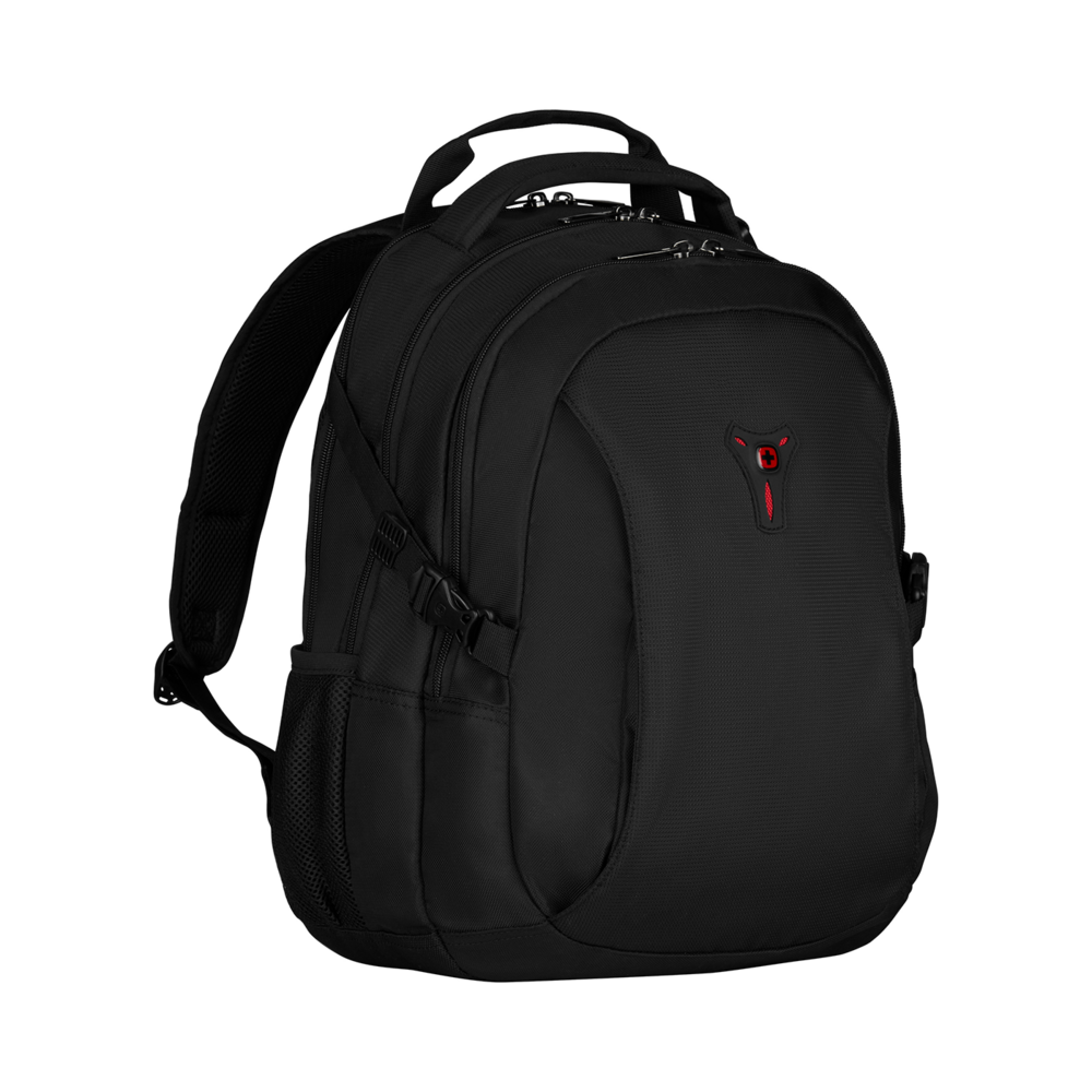 Black backpack with red logo on black background, close-up shot of the bag