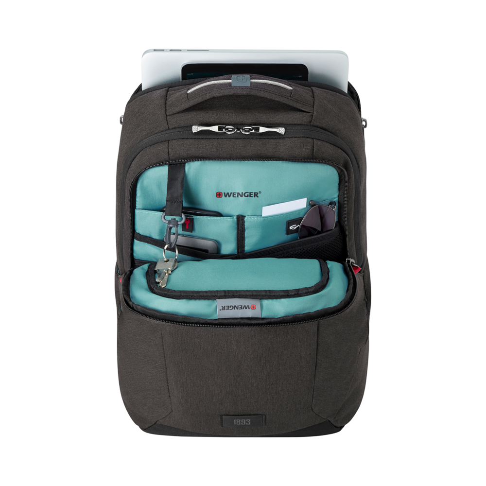 Black backpack with open compartment, tablet, and accessories visible.