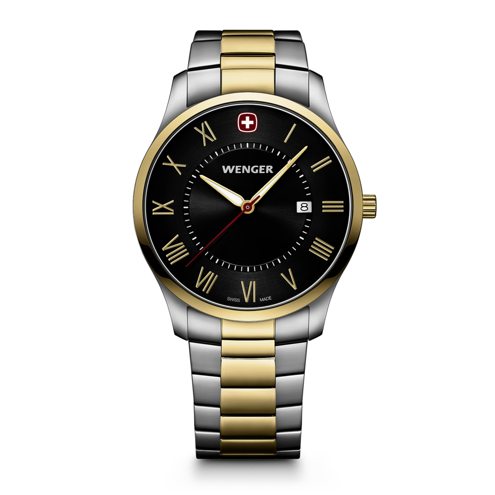 Wenger watch with black face, gold accents, and Roman numerals