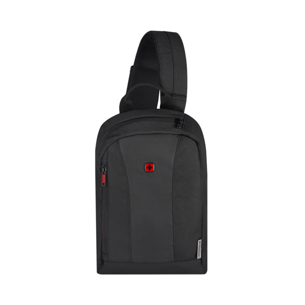 Black sling bag with red zipper and Swiss cross logo on a dark background