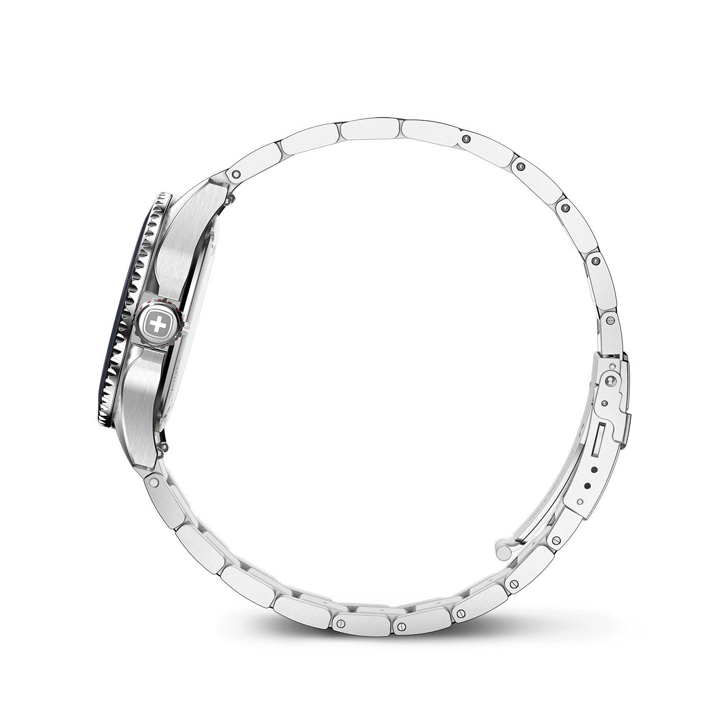 A silver wristwatch with a metal bracelet shown in profile.
