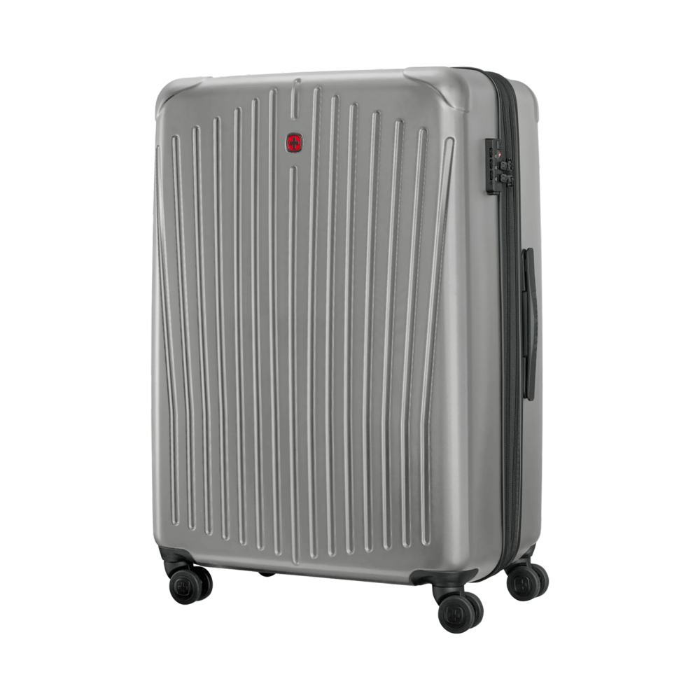 Gray suitcase with vertical lines, lock, and wheels, perfect for travel.
