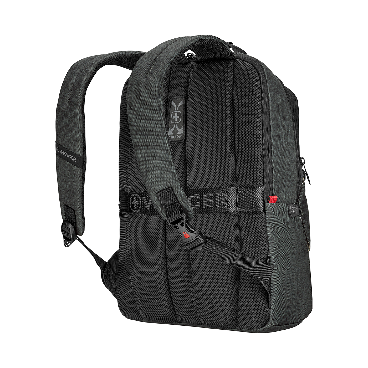 Black backpack with Airflow system and Wenger logo, detail shot, close-up view