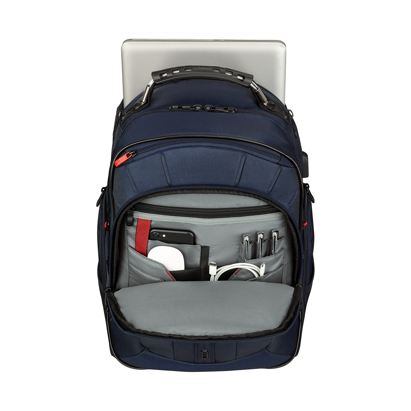Blue backpack with laptop and accessories, open, on a white background.