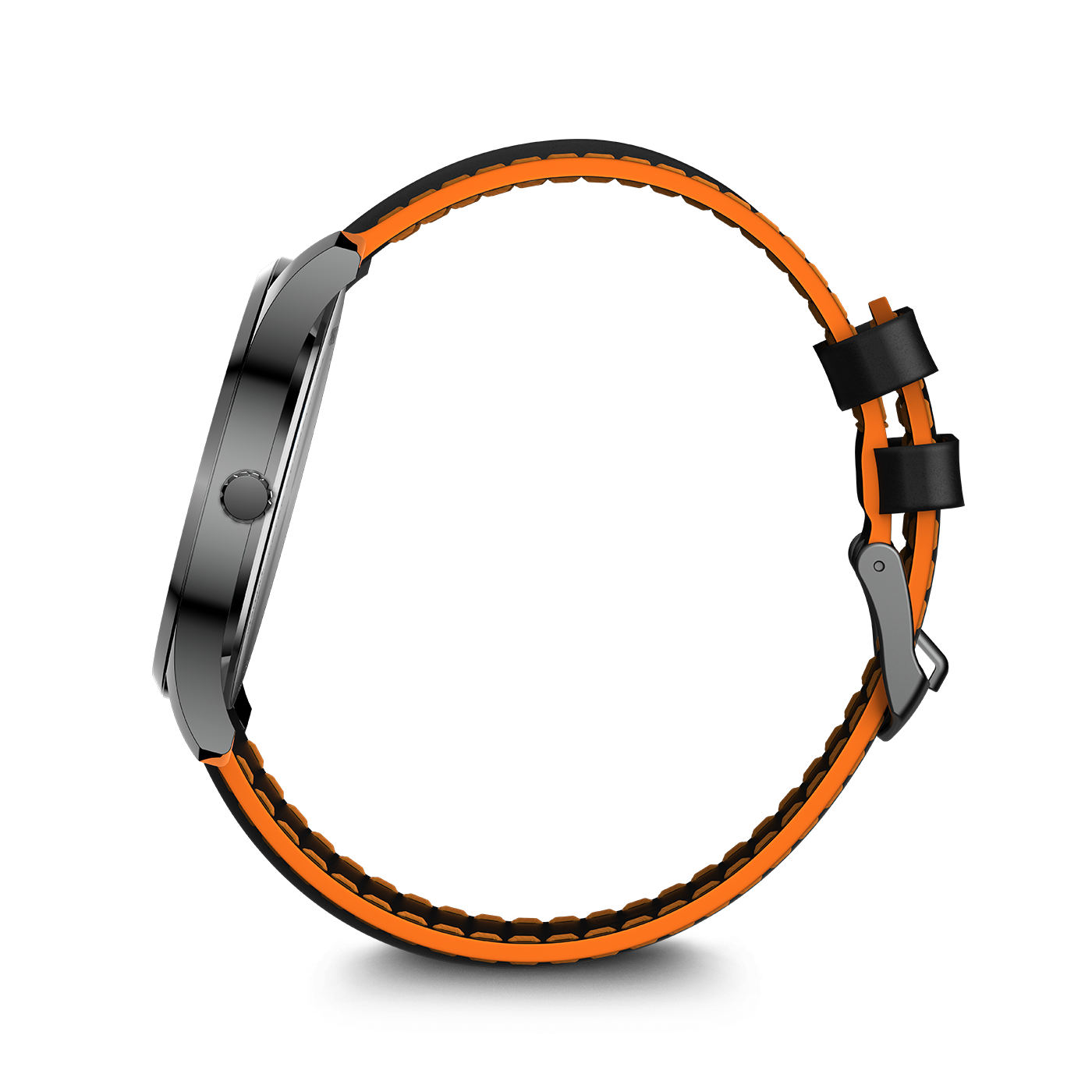 A wristwatch with a black and orange strap and a silver case.