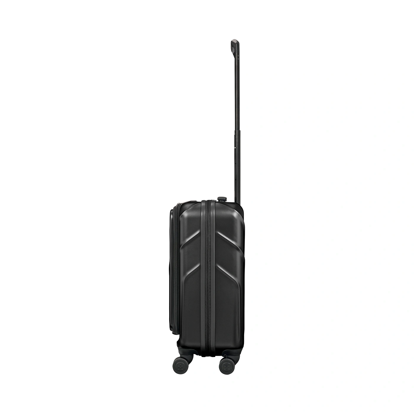 Black suitcase with retractable handle and wheels on a white background.