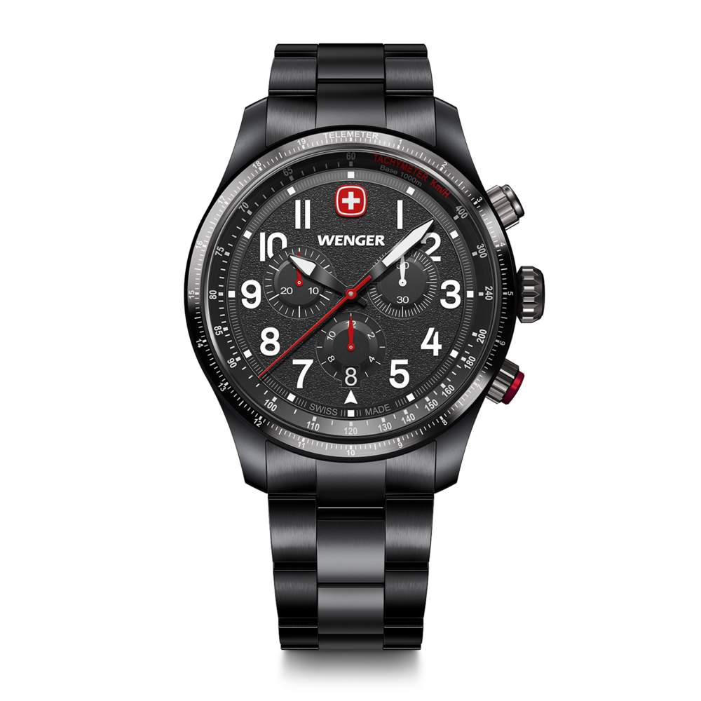 Black Wenger watch with red accents and tachymeter. Swiss made watch.