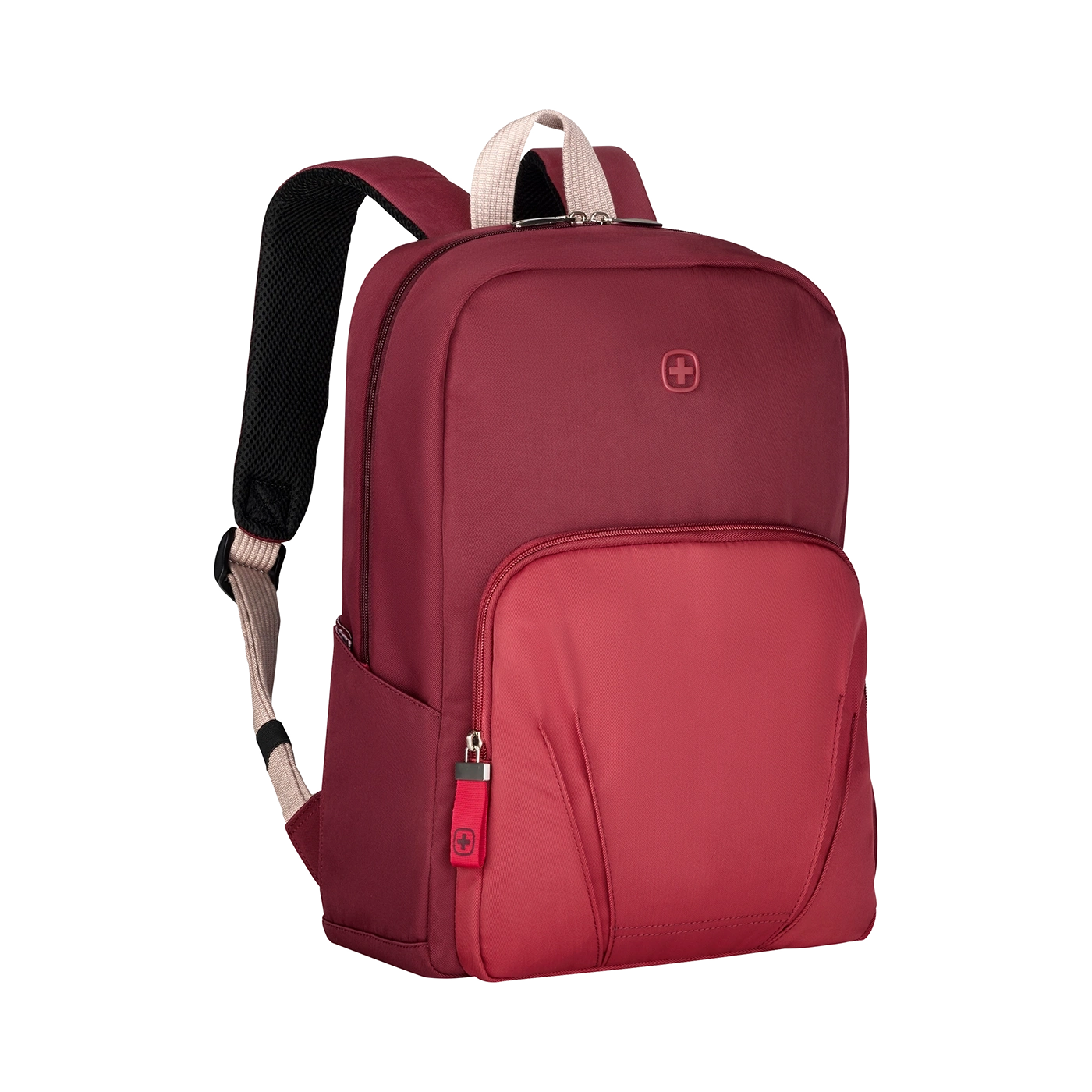 Red backpack with zipper and Swiss cross logo on black background