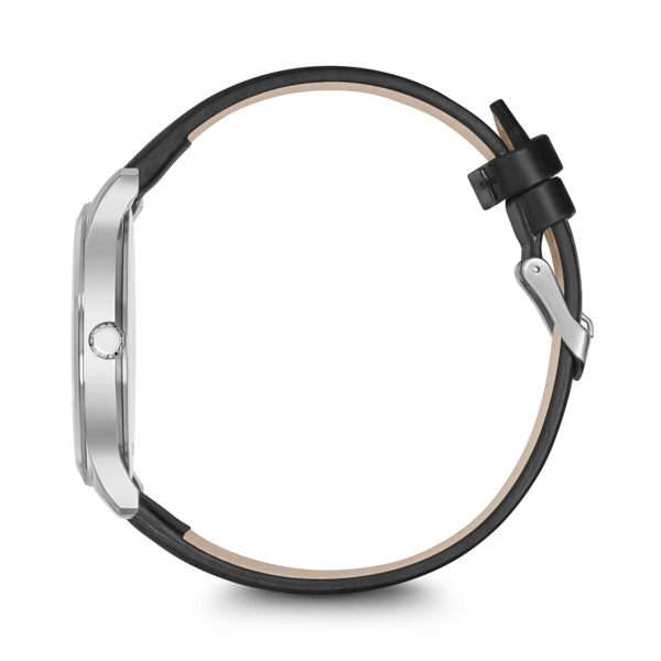 Side view of a watch with a black leather strap, silver case, black background