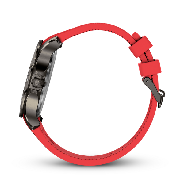 Side view of a watch with a red strap and a black case