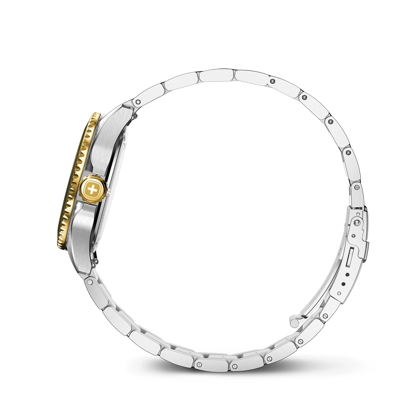 A silver watch band with a gold bezel and a cross emblem.
