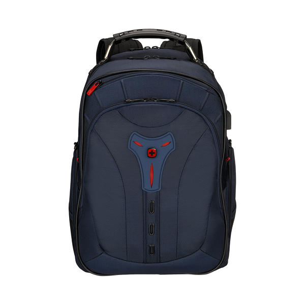 Blue backpack with red accents and logo isolated on a white background.