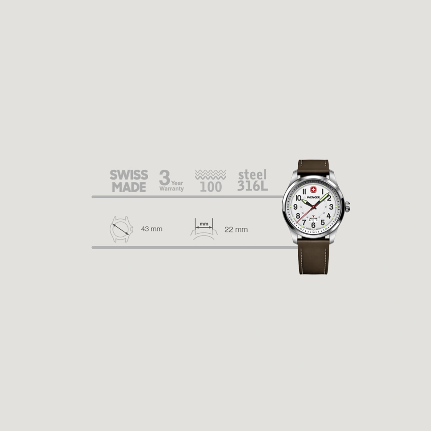 Wenger Uhr, Swiss Made, 3 Jahre Garantie, Stahl, 100m wasserdicht, 43mm Gehäuse