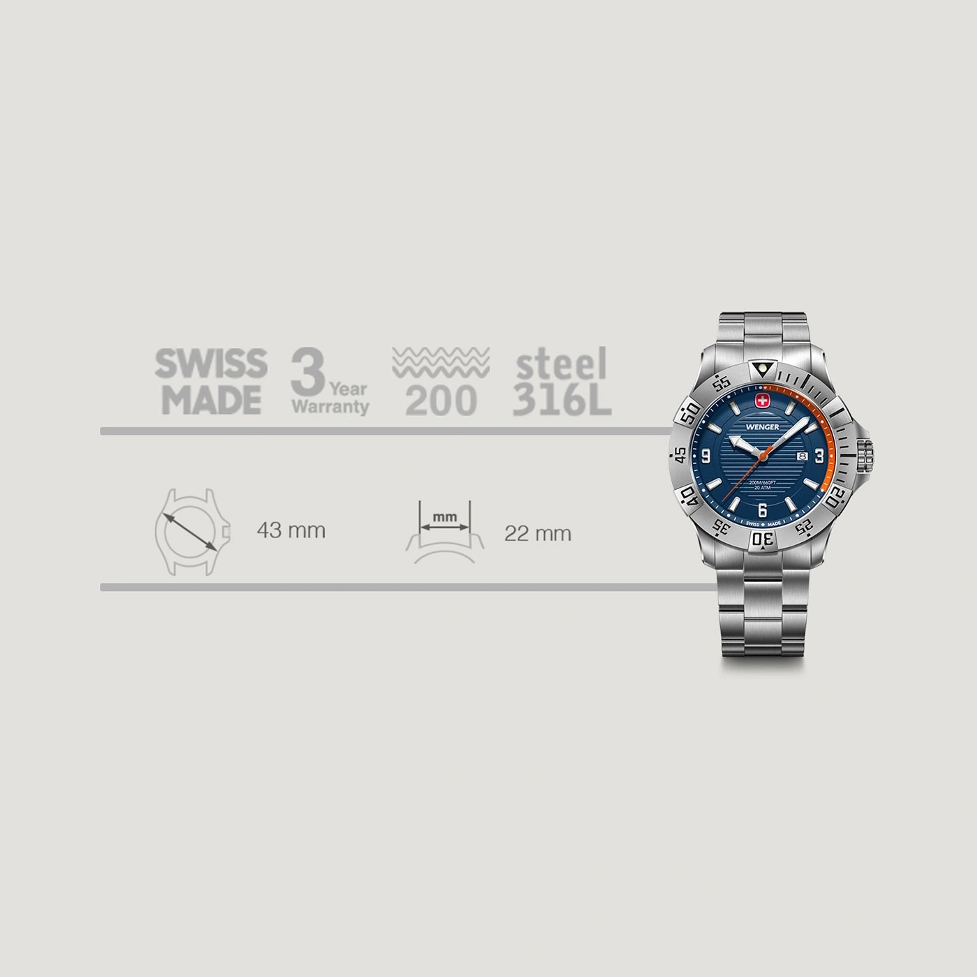 Wenger watch, Swiss Made, 43mm case, 200m water resistant, steel, 3 year warranty.