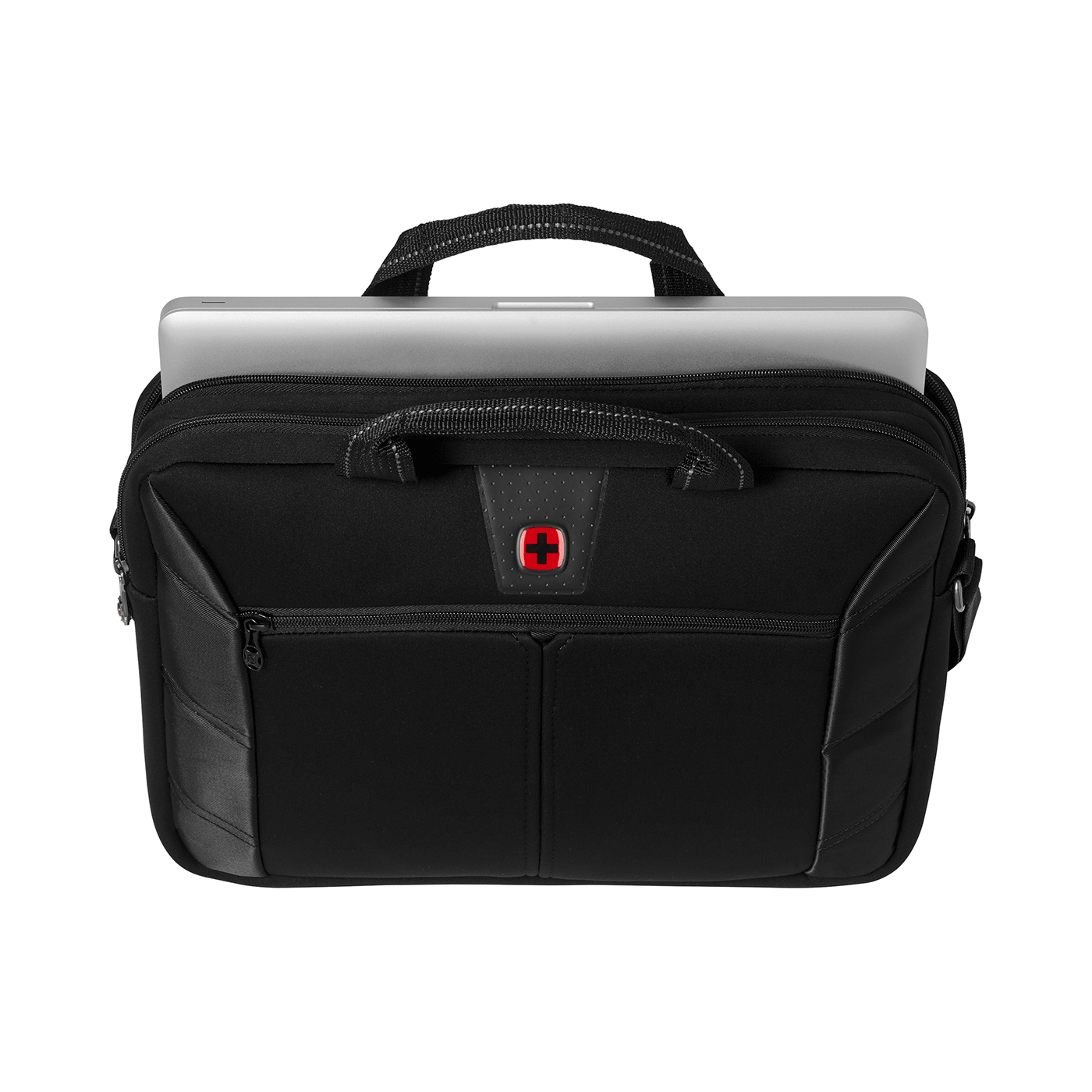 Black laptop bag with silver laptop and red Swiss cross logo.