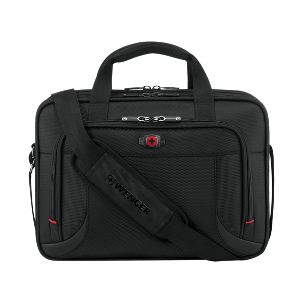 Black Wenger briefcase with shoulder strap and red accent details on the bag