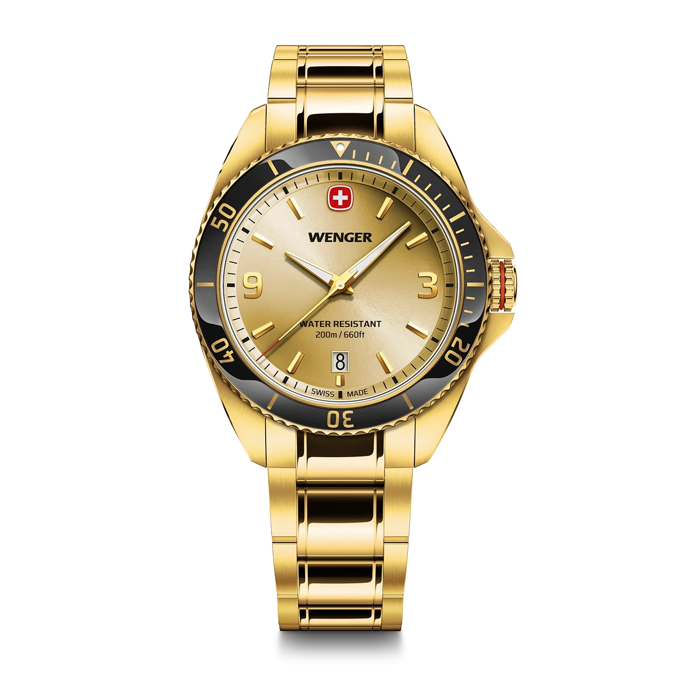 Golden Wenger watch with black bezel, date display, and Swiss Made inscription.