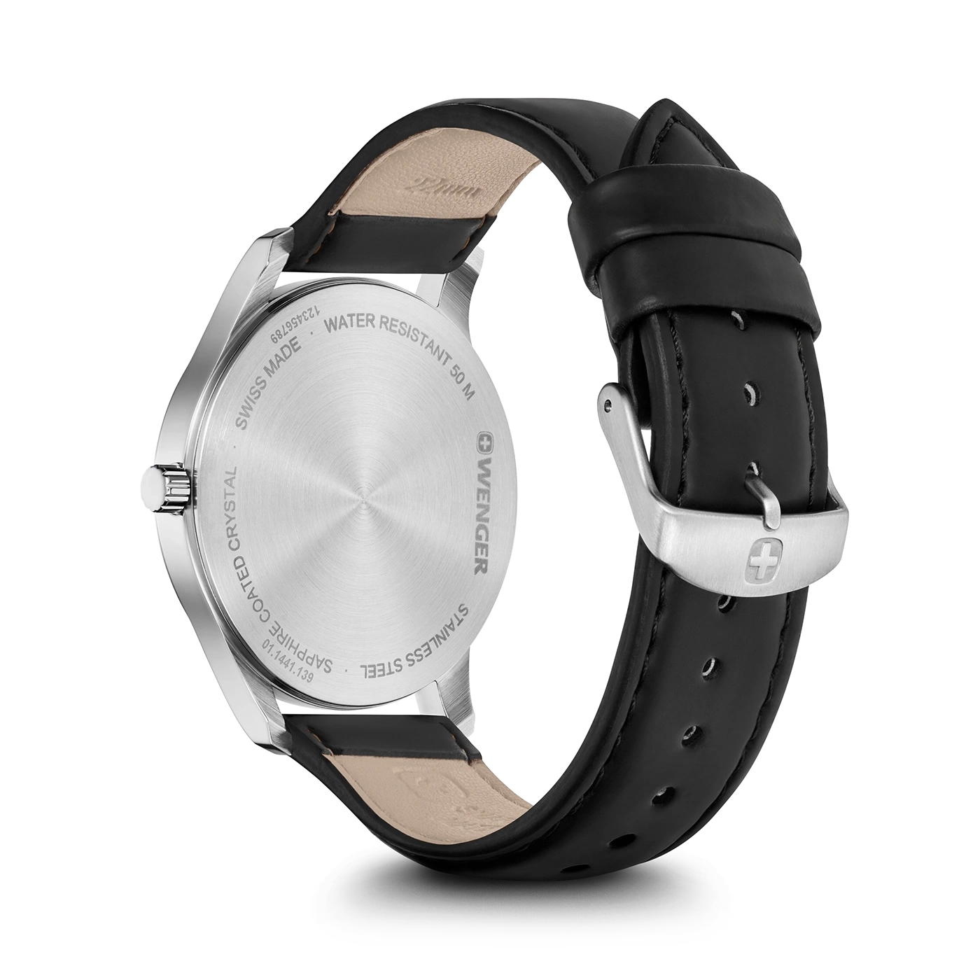 Wenger watch, stainless steel, black leather strap, Swiss made, 50m water resistant